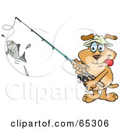 Poster, Art Print Of Sparkey Dog Reeling In A Fish On A Line