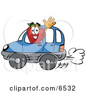 Red Apple Character Mascot Waving While Driving By In A Blue Car Clipart Picture