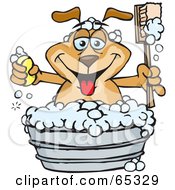 Poster, Art Print Of Sparkey Dog Holding A Handled Brush And Bar Of Soap While Bathing In A Metal Tub