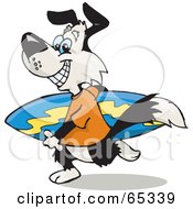 Royalty Free RF Clipart Illustration Of A Black And White Dog Carrying A Surf Board