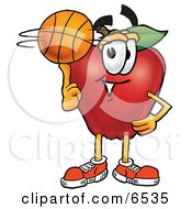 Poster, Art Print Of Red Apple Character Mascot Spinning A Basketball On His Finger