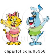 Royalty Free RF Clipart Illustration Of A Girly Cat And Male Dog Waving by Dennis Holmes Designs