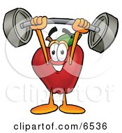 Red Apple Character Mascot Holding A Heavy Barbell Above His Head Clipart Picture