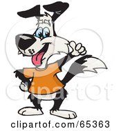 Royalty Free RF Clipart Illustration Of A Black And White Dog Wearing An Orange Shirt And Giving The Thumbs Up