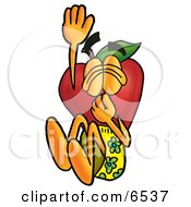 Red Apple Character Mascot Plugging His Nose While Jumping Into Water