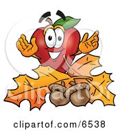 Red Apple Character Mascot With Acorns And Fall Leaves In Autumn