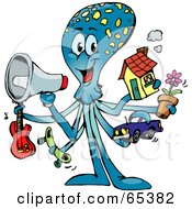 Poster, Art Print Of Blue Octopus Holding A Megaphone Guitar Skateboard Car Flower And House