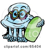 Royalty Free RF Clipart Illustration Of A Blue Jellyfish Wearing Goggles And Holding A Boogie Board by Dennis Holmes Designs