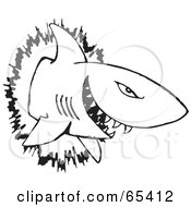 Royalty Free RF Clipart Illustration Of A Black And White Outline Of A Shark Crashing Through A Wall
