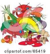 Royalty Free RF Clipart Illustration Of A Group Of Seafood Fruits And Veggies by Dennis Holmes Designs