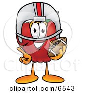 Red Apple Character Mascot In A Helmet Holding A Football Clipart Picture