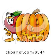 Red Apple Character Mascot Standing With A Carved Jackolantern Halloween Pumpkin by Mascot Junction