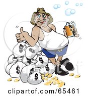 Poster, Art Print Of Fat Bloke Drinking Beer And Leaning Against Money Bags