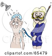 Pretty Woman In Snorkel Gear Scrubbing Down An Elderly Man In The Shower