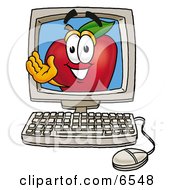 Red Apple Character Mascot On A Desktop Computer Screen Clipart Picture