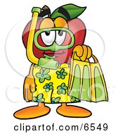 Red Apple Character Mascot In Green And Yellow Snorkel Gear