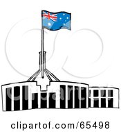 Royalty Free RF Clipart Illustration Of An Australian Flag Atop The Parliament House Canberra by Dennis Holmes Designs #COLLC65498-0087