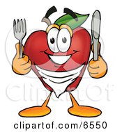 Hungry Red Apple Character Mascot Wearing A Napkin Holding A Fork And Knife Clipart Picture