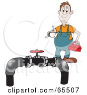 Poster, Art Print Of Jolly Plumber Carrying Coffee And A Tool Box Towards Pipes