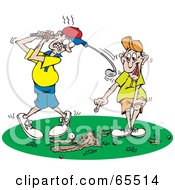 Man Pointing And Laughing At The Scrapes In The Grass While A Man Tries To Swing At A Golf Ball