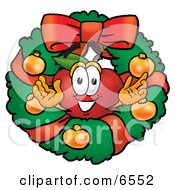 Red Apple Character Mascot In The Center Of A Christmas Wreath Clipart Picture
