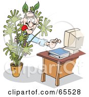 Royalty Free RF Clipart Illustration Of A Sneaky Man Reaching Towards A Computer Behind A Plant