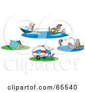 Royalty Free RF Clipart Illustration Of A Digital Collage Of People Fishing And Waterskiing And Camp Sites by Dennis Holmes Designs