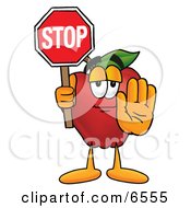 Poster, Art Print Of Red Apple Character Mascot Holding A Red Stop Sign