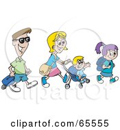 Poster, Art Print Of Happy Family Of Four Walking And Carrying Bags