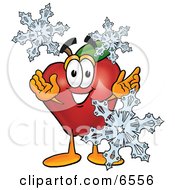 Red Apple Character Mascot With Icy Snowflakes In Winter by Mascot Junction