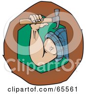 Poster, Art Print Of Strong Mans Arm Holding A Hammer In A Green And Brown Circle