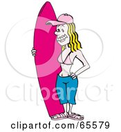 Poster, Art Print Of Blond Surfer Woman Standing With Her Pink Board