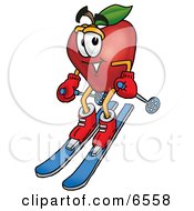 Poster, Art Print Of Red Apple Character Mascot Skiing Downhill