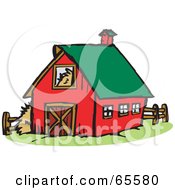 Poster, Art Print Of Red Farm Barn With A Green Roof