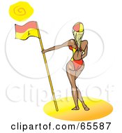 Royalty Free RF Clipart Illustration Of A Sexy Blond Lifeguard With A Flag On A Beach