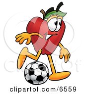 Red Apple Character Mascot Kicking A Soccer Ball Clipart Picture