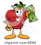 Red Apple Character Mascot Holding A Green Dollar Bill Paying Or Saving