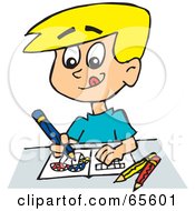 Poster, Art Print Of Blond Boy Drawing And Coloring Mushrooms