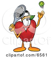 Red Apple Character Mascot Preparing To Hit A Tennis Ball by Mascot Junction