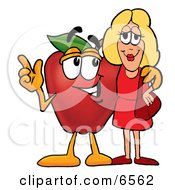 Red Apple Character Mascot Talking Nutrition With A Pretty Blond Woman by Mascot Junction