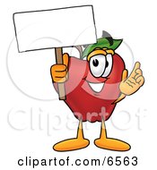 Red Apple Character Mascot Holding A Blank White Sign Over His Head