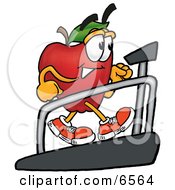 Red Apple Character Mascot Walking On A Treadmill In A Fitness Gym