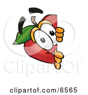 Poster, Art Print Of Red Apple Character Mascot Peeking Around A Corner And Spying On Someone