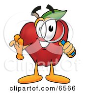 Red Apple Character Mascot Peeking Through A Magnifying Glass