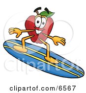 Poster, Art Print Of Red Apple Character Mascot Surfing On A Blue And Yellow Surfboard