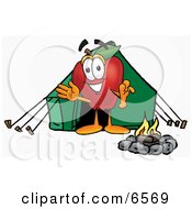 Red Apple Character Mascot Camping With A Tent And A Fire