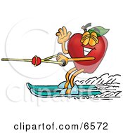 Red Apple Character Mascot Waving And Water Skiing