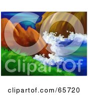 Royalty Free RF Clipart Illustration Of A Background Of Waves Crashing On Ocean Rocks by Prawny