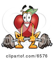 Red Apple Character Mascot Lifting A Heavy Barbell