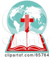 Open Holy Bible With A Globe And Red Cross
